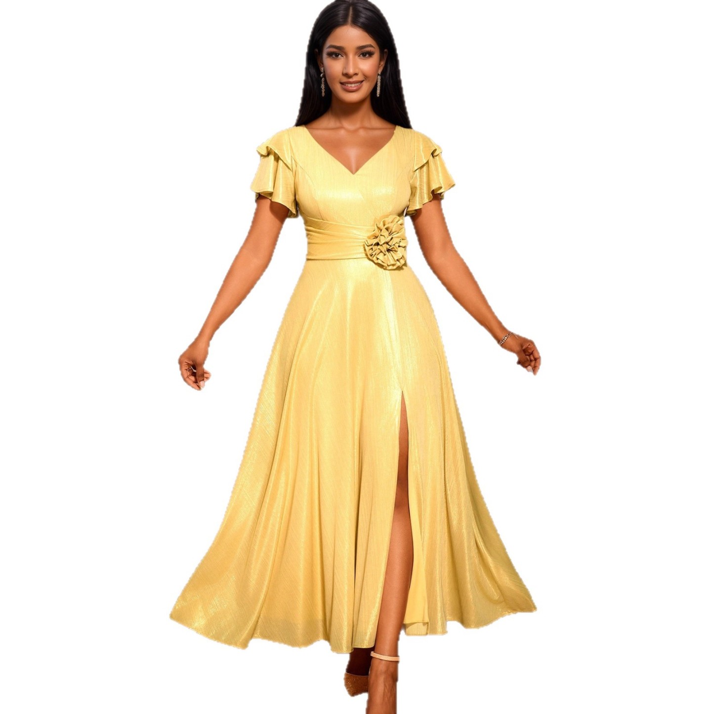 Plus-Sizes Elegant Lurex A-Line Maxi Dress with Ruffle Sleeves AM050408	-UGENA FASHION