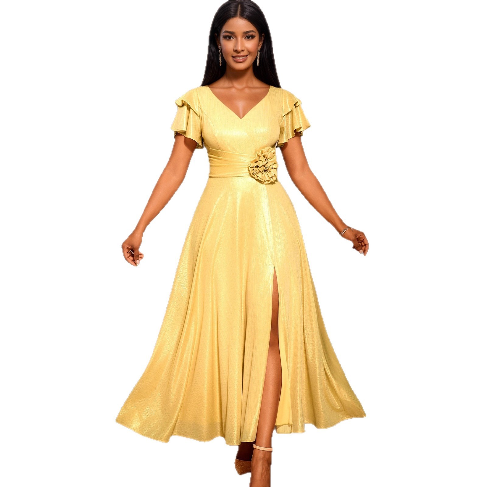 Plus-Sizes Elegant Lurex A-Line Maxi Dress with Ruffle Sleeves AM050408	-UGENA FASHION