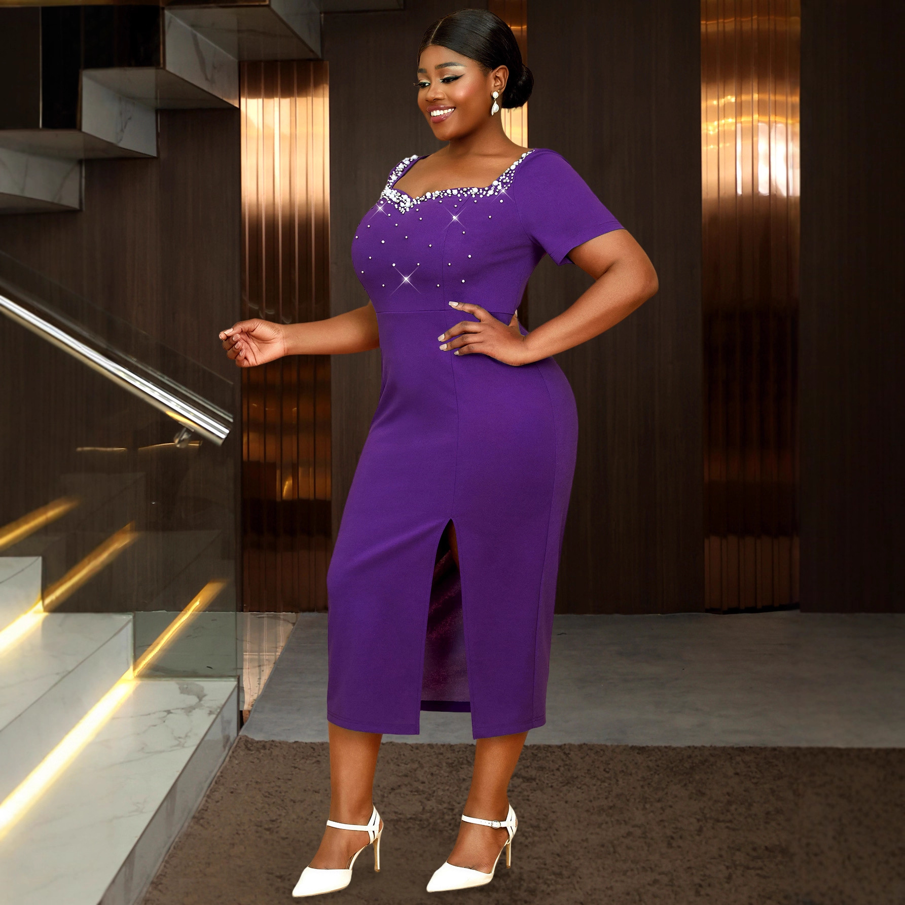 Plus-Sizes Rhinestone Embellished Purple  Midi Dress AM050104	-UGENA FASHION