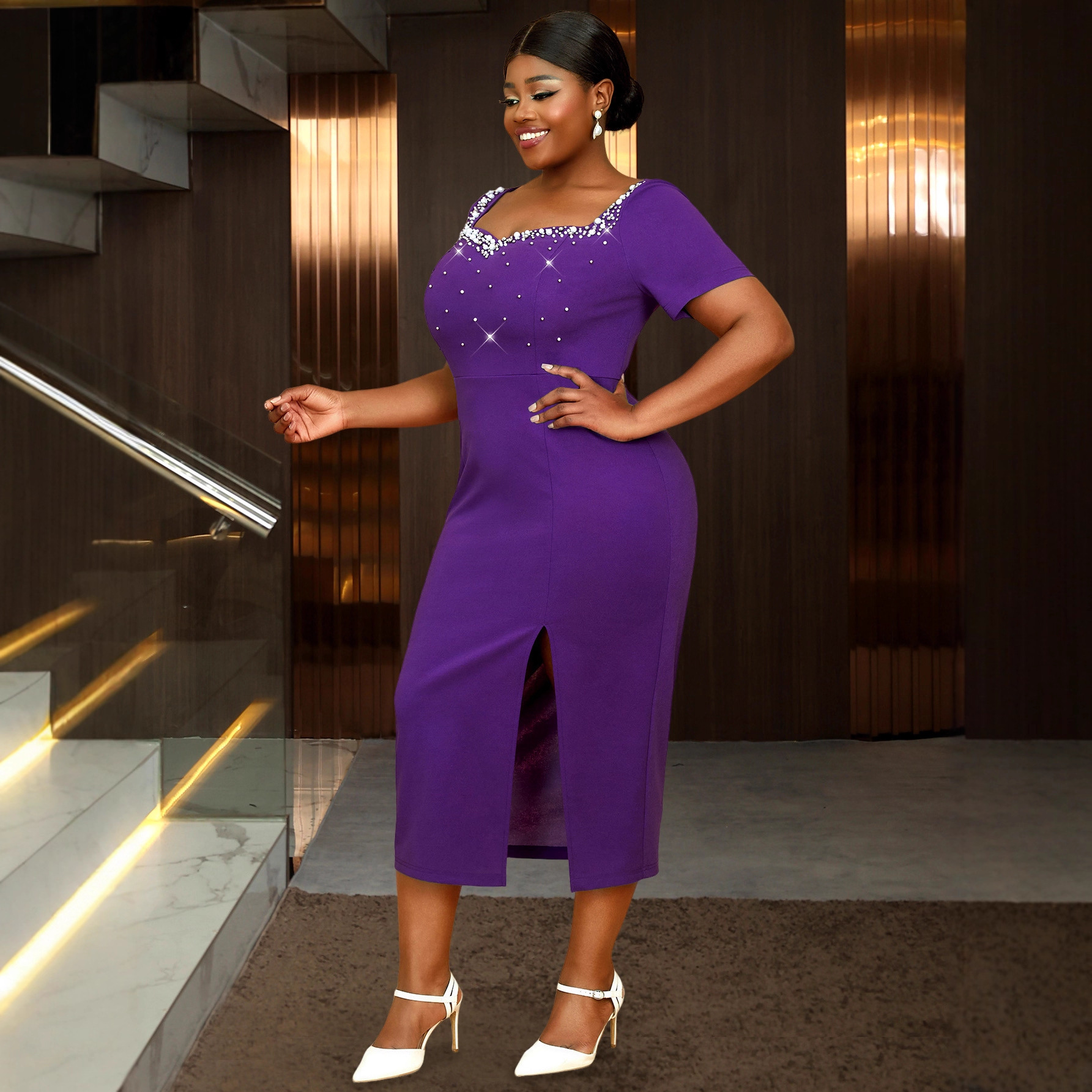Plus-Sizes Rhinestone Embellished Purple  Midi Dress AM050104	-UGENA FASHION
