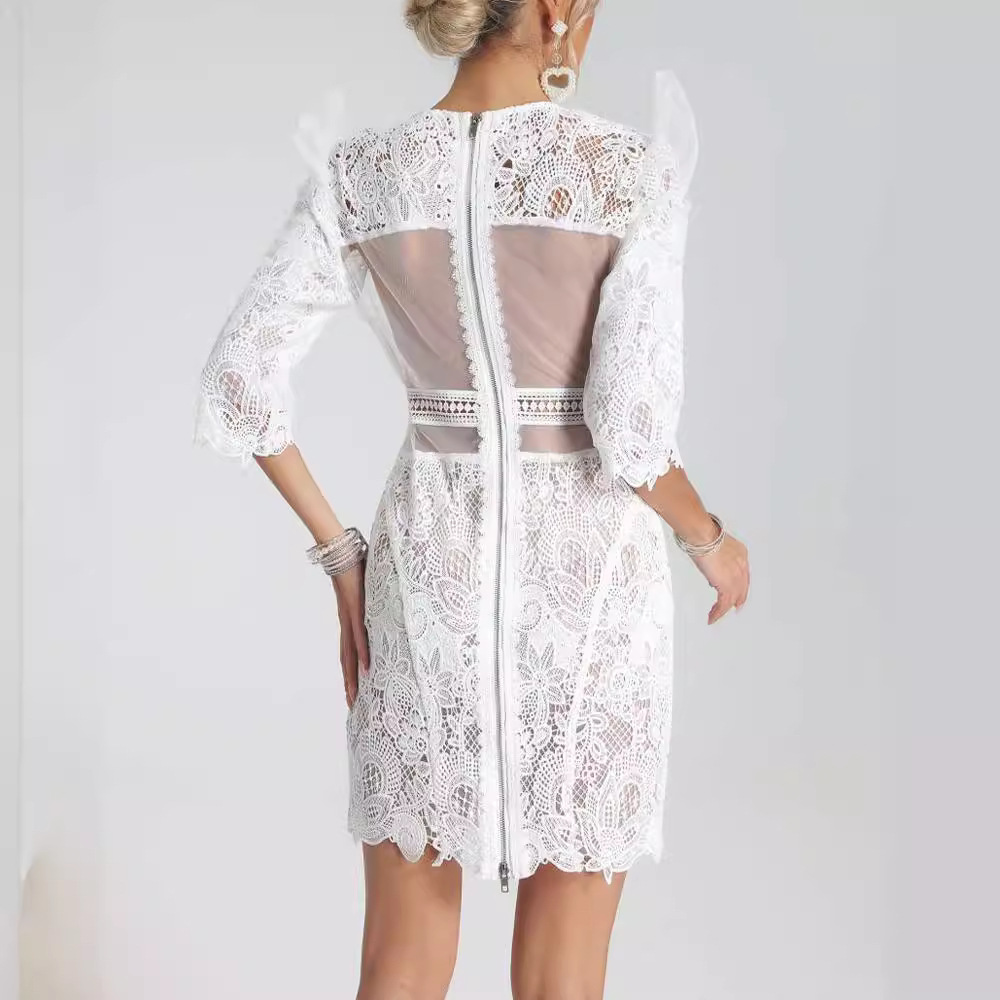White Guipure Lace Mini Dress - Ruffle Shoulder Sheer Waist Cocktail Dress BA435