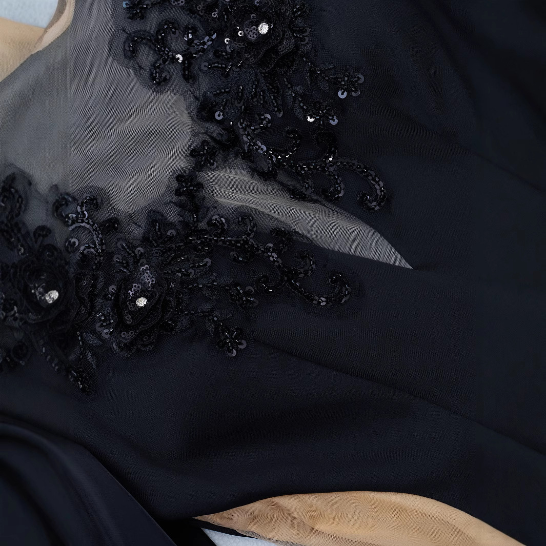 Black Statement Puff Sleeve Mermaid Gown | Beaded V-Neck Illusion Formal Dress qc15