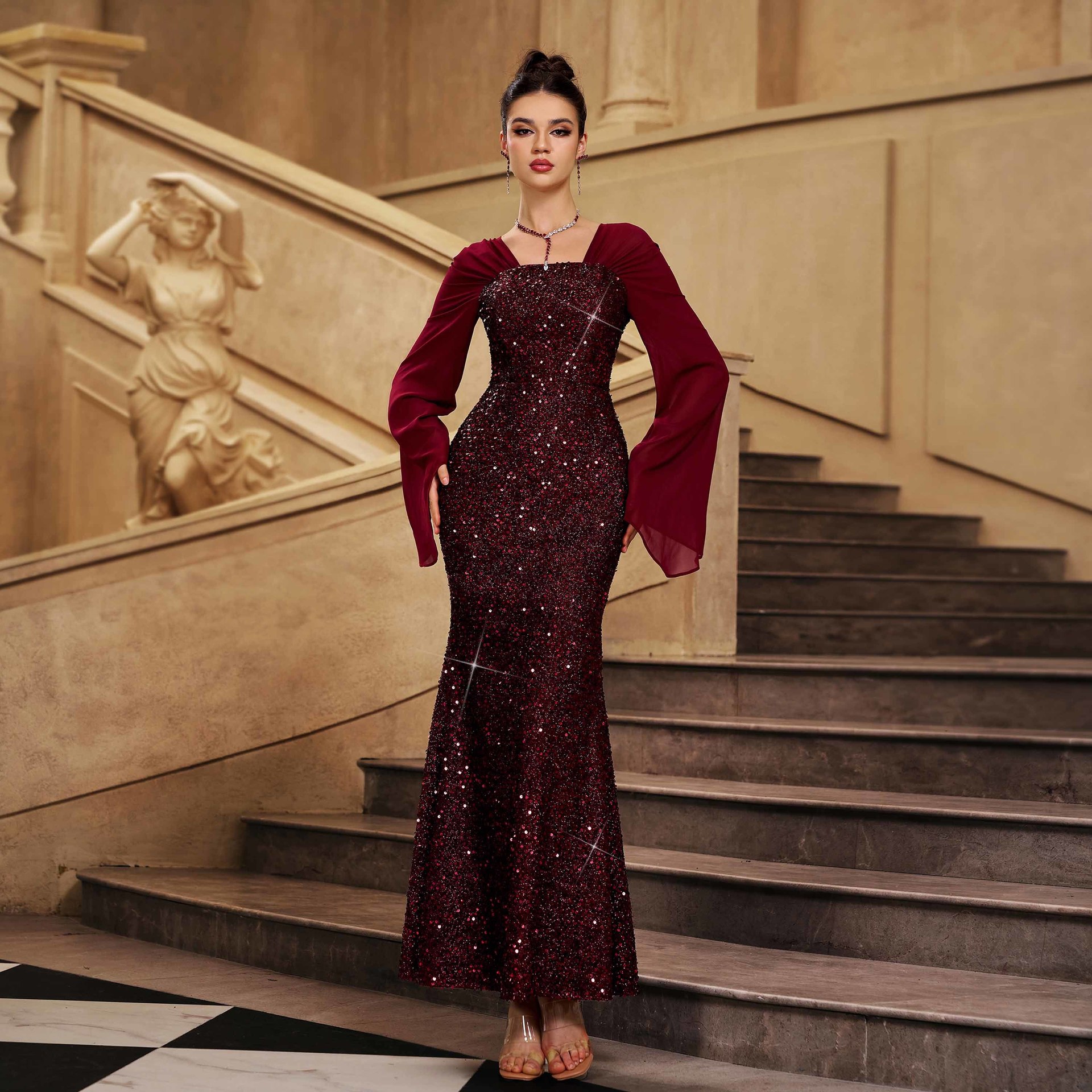 Luxury Burgundy Sequin Mermaid Gown - Elegant Square Neck Flared Sleeve Evening Dress gm01076
