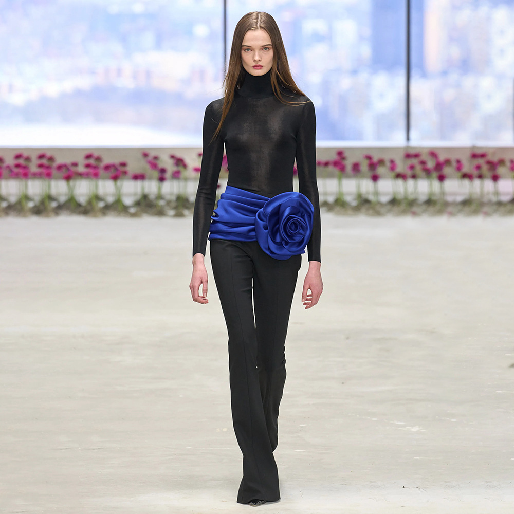 Black High Neck Long Sleeve Bodysuit & Trouser Set with Blue 3D Rose Corset Belt BD2665