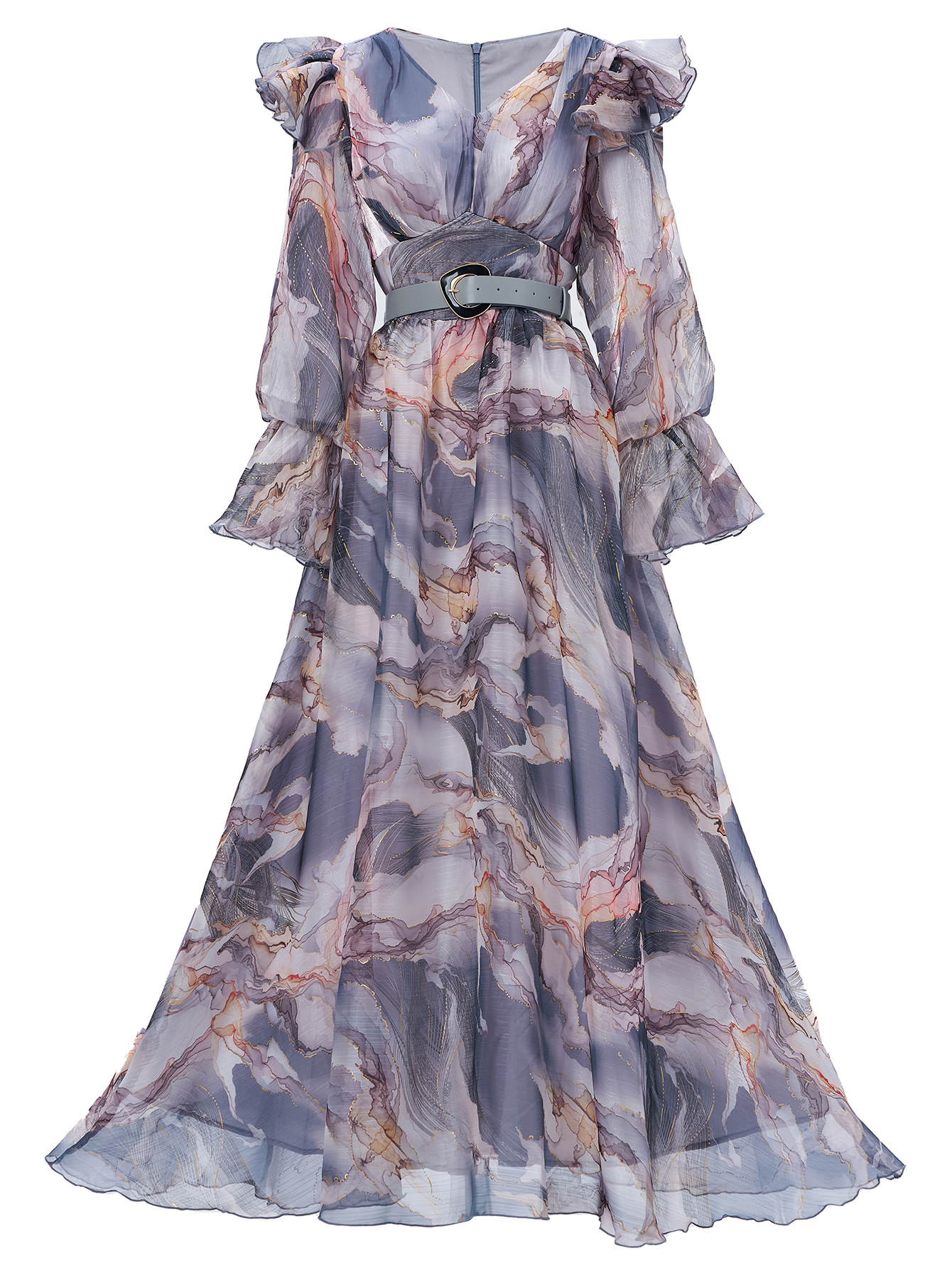 Maxi Chiffon Ruffle Dress with Belt | Yellow Marbled Print V-Neck Long Sleeve Flowy Boho Gown | Elegant Summer/Fall Occasion Wear for Women  qc17