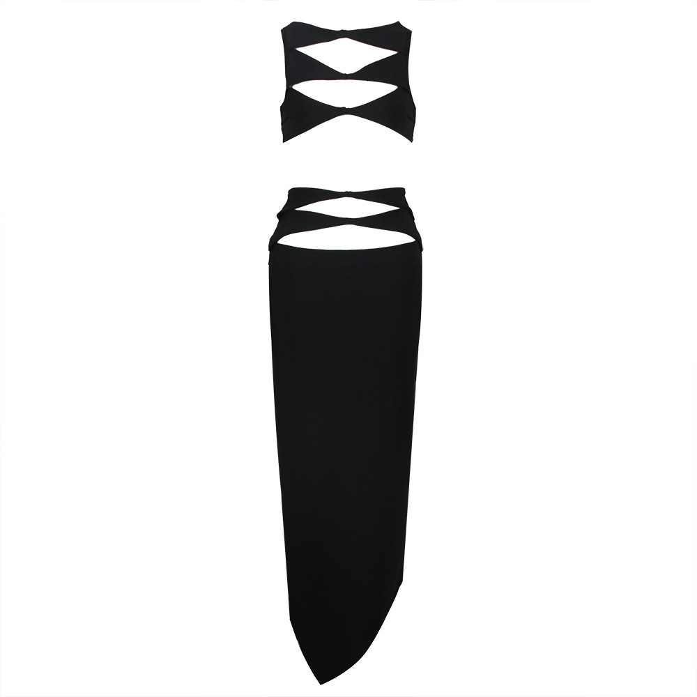 Black Cutout Crop Top & Asymmetric Skirt Set BA437