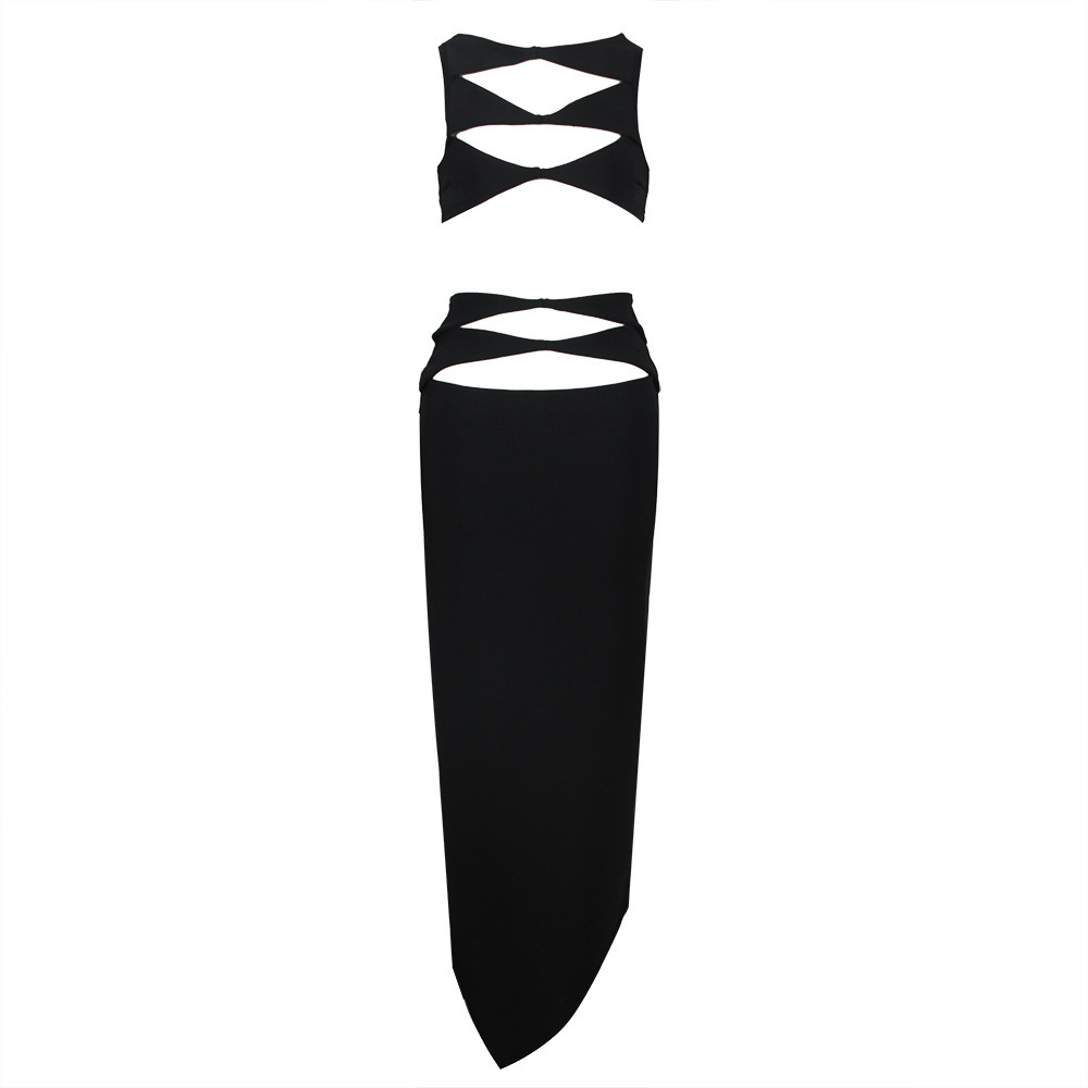 Black Cutout Crop Top & Asymmetric Skirt Set BA437