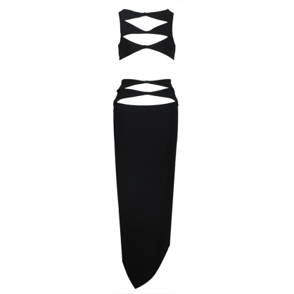 Black Cutout Crop Top & Asymmetric Skirt Set BA437
