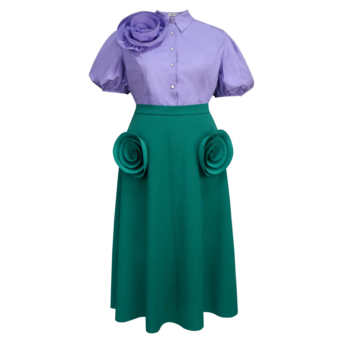 Plus-Sizes Elegant 3D Floral Blouse & Skirt Set - Two-Piece Outfit AM041031SET	-UGENA FASHION