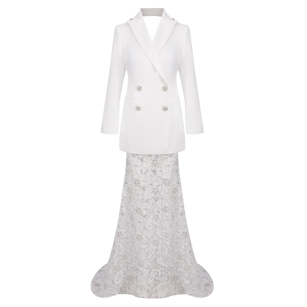 Modern Backless Bridal Blazer and Sequin Lace Mermaid Skirt Set - Two-Piece Wedding Suit for Reception & Civil Ceremony Z0028