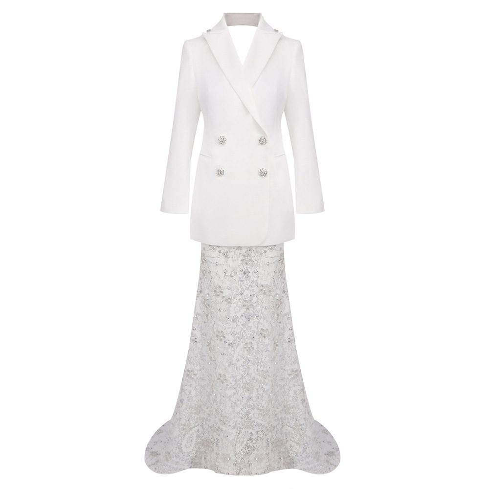 Modern Backless Bridal Blazer and Sequin Lace Mermaid Skirt Set - Two-Piece Wedding Suit for Reception & Civil Ceremony Z0028