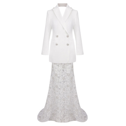 Modern Backless Bridal Blazer and Sequin Lace Mermaid Skirt Set - Two-Piece Wedding Suit for Reception & Civil Ceremony Z0028