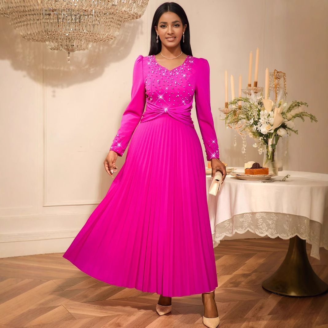Plus-Sizes Long Sleeve Embellished Pleated Maxi Dress - Elegant V-Neck Gown for Formal Occasions AM050217	-UGENA FASHION