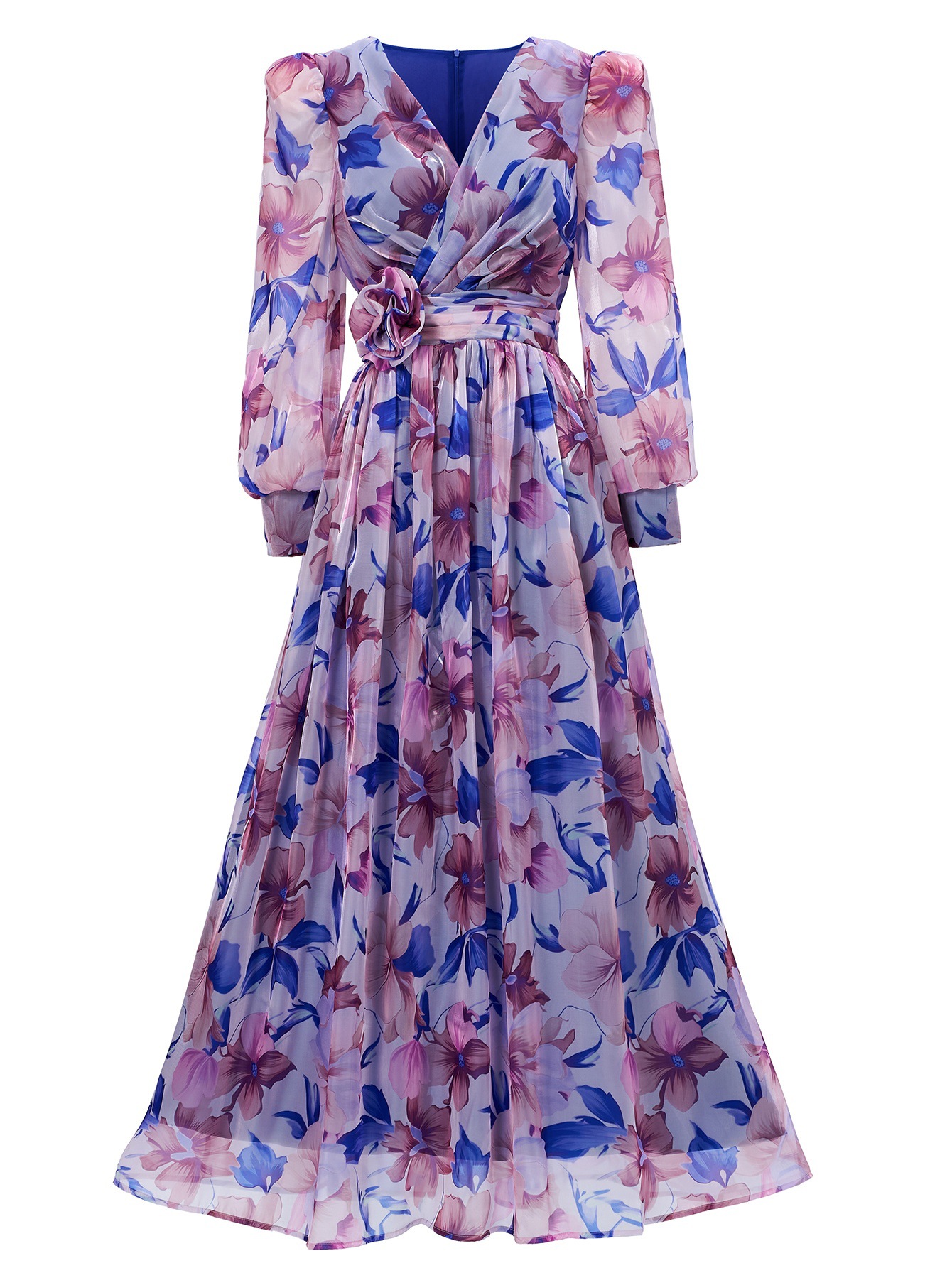 Coral Floral Print Maxi Chiffon Dress | V-Neck Long Sleeve Flowy Gown with Ruched Waist Detail | Elegant Summer Wedding Guest Attire qc19
