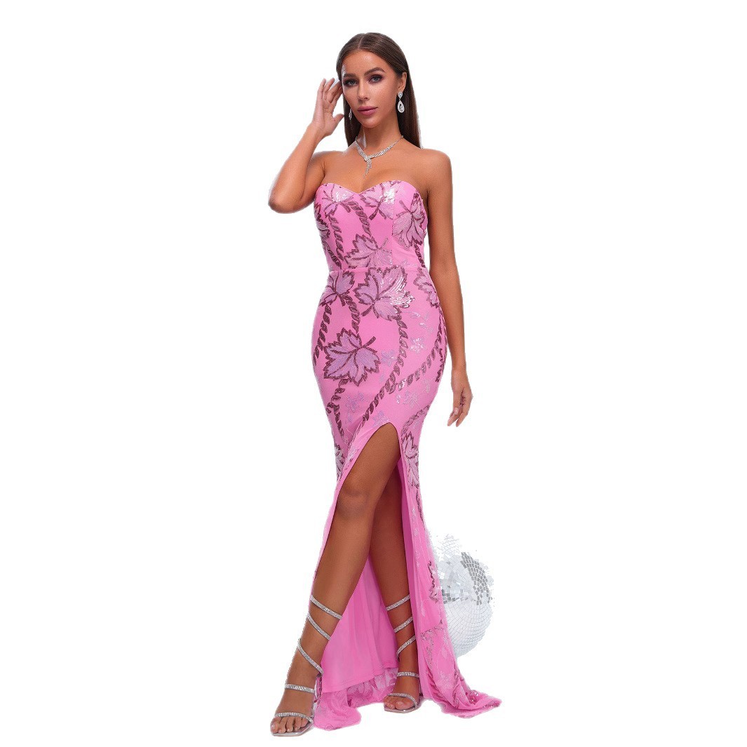 Sparkle Pink Sequin Strapless Gown | High Slit Mermaid Prom & Formal Evening Dress rj11431
