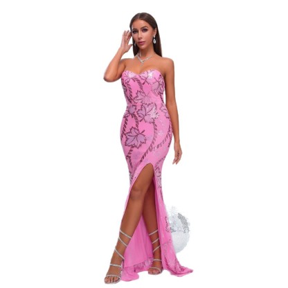 Sparkle Pink Sequin Strapless Gown | High Slit Mermaid Prom & Formal Evening Dress rj11431