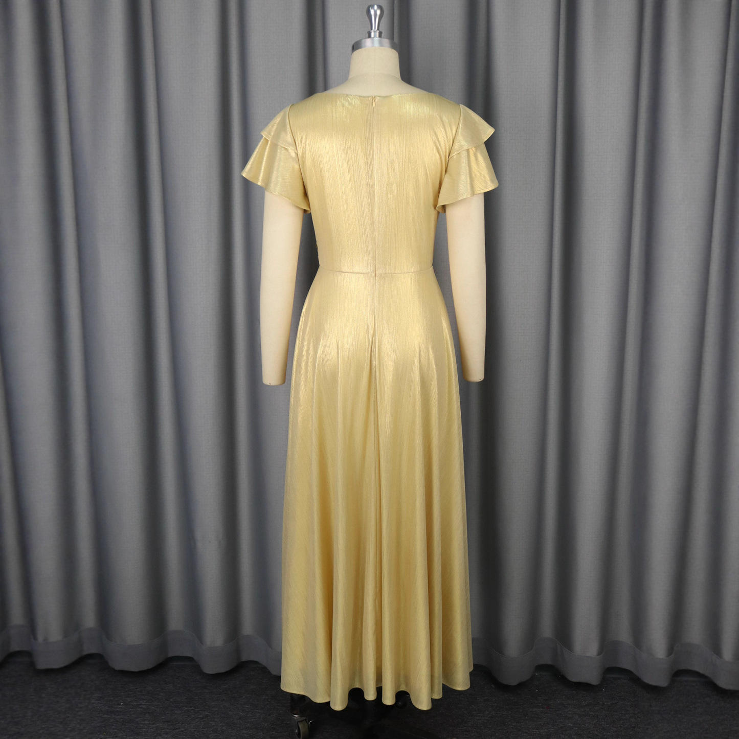 Plus-Sizes Elegant Lurex A-Line Maxi Dress with Ruffle Sleeves AM050408	-UGENA FASHION