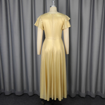 Plus-Sizes Elegant Lurex A-Line Maxi Dress with Ruffle Sleeves AM050408	-UGENA FASHION