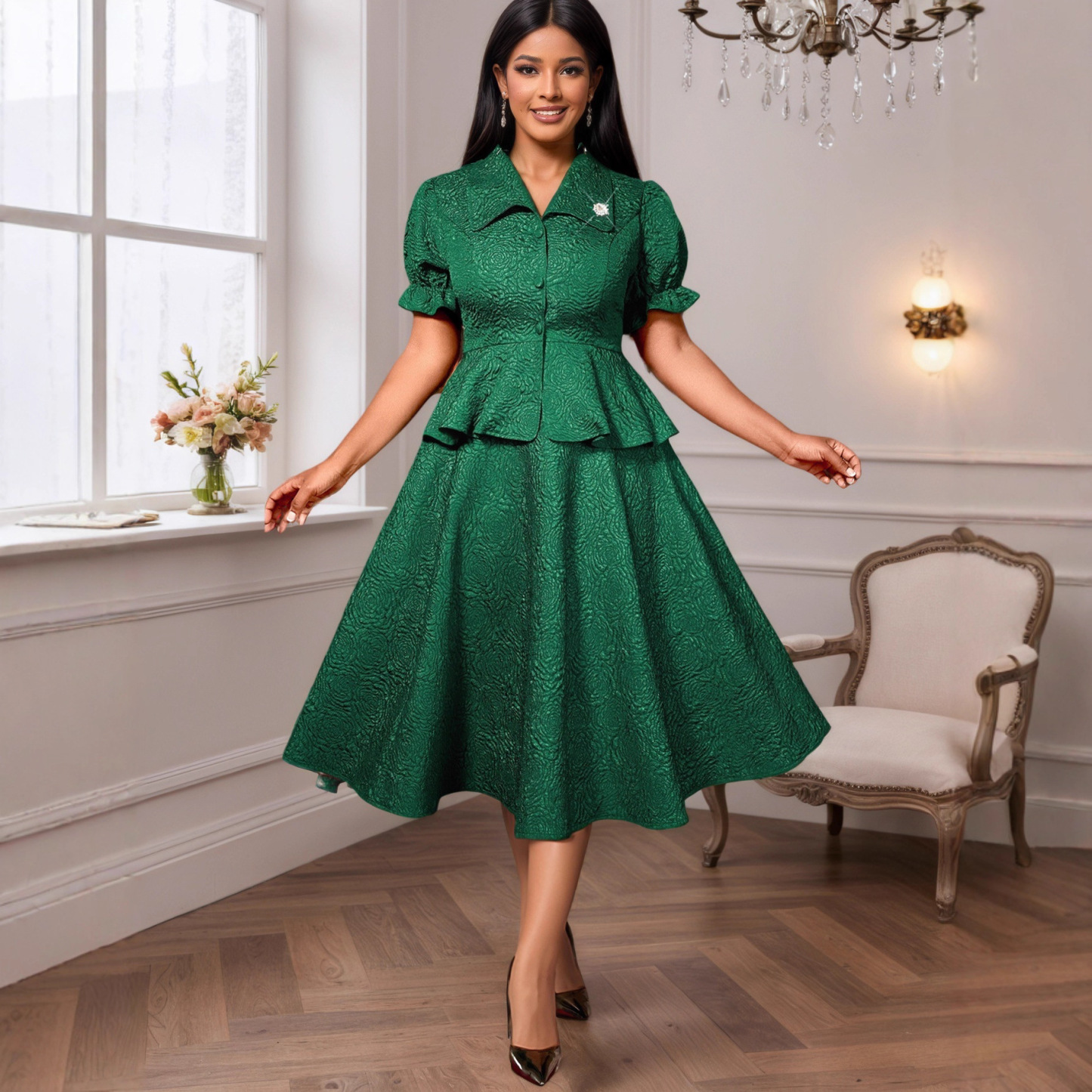 Plus-Sizes Vintage-Inspired Peplum Skirt Suit with A-Line Skirt AM050247SET	-UGENA FASHION