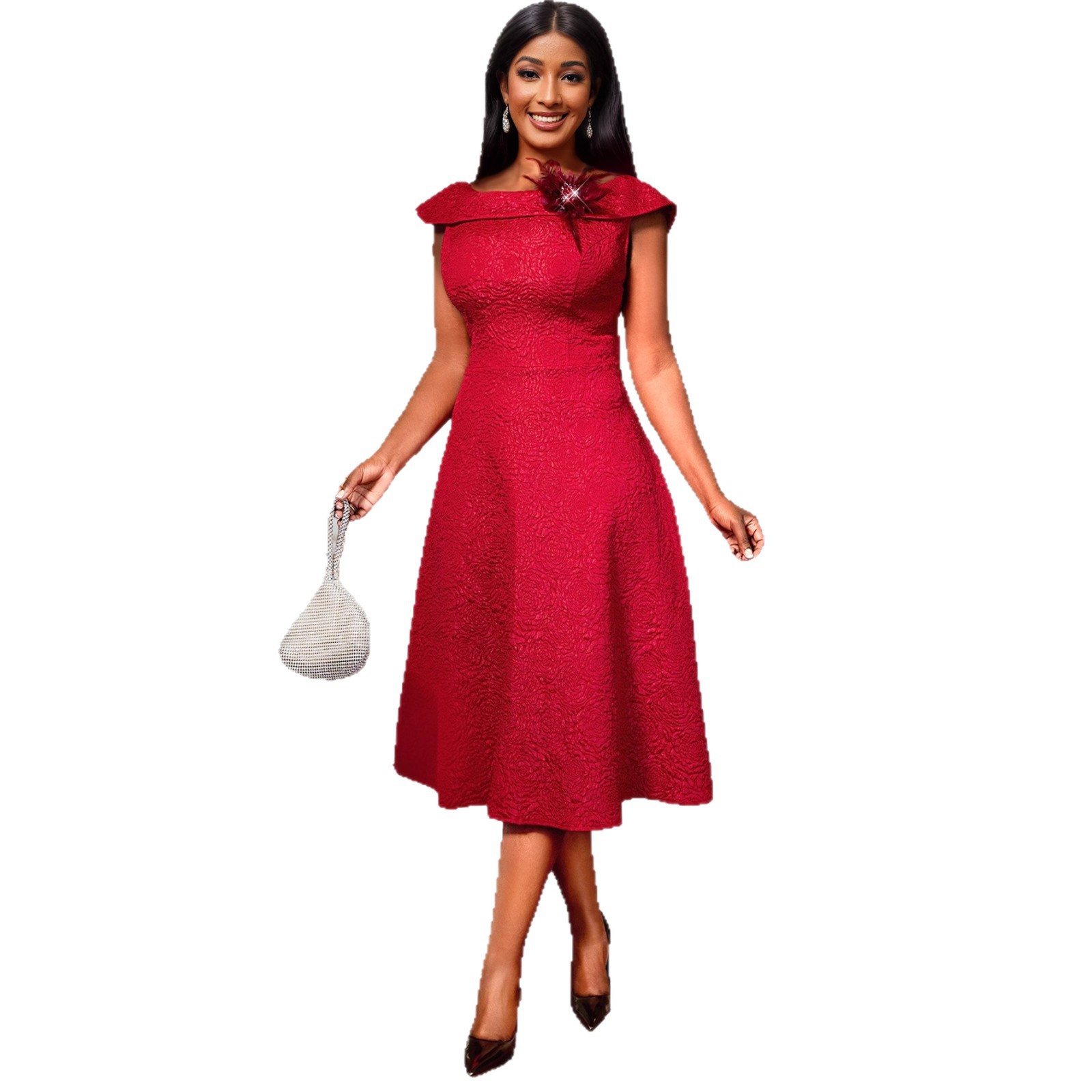 Plus-Sizes Elegant Red Off-Shoulder Midi Dress with Floral Brocade Texture - Perfect for Parties & Special Occasions AM050233	-UGENA FASHION