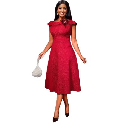 Plus-Sizes Elegant Red Off-Shoulder Midi Dress with Floral Brocade Texture - Perfect for Parties & Special Occasions AM050233	-UGENA FASHION