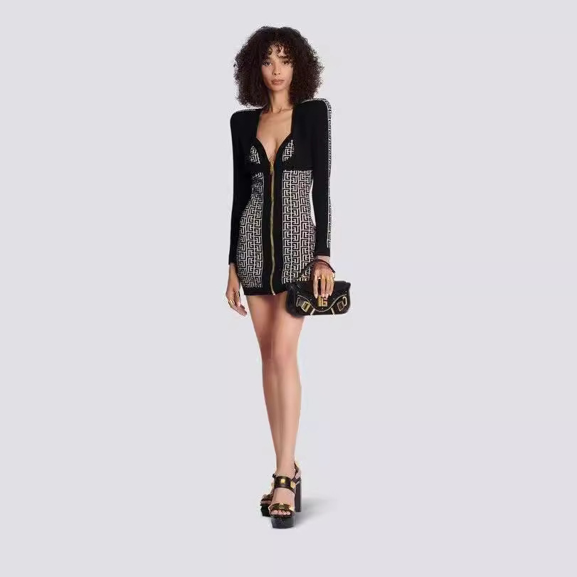 Black & White Geometric Monogram Bodycon Dress – Long Sleeve Zip Front Mini Dress BA351