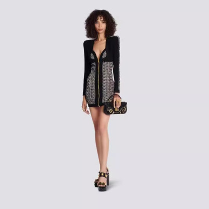 Black & White Geometric Monogram Bodycon Dress – Long Sleeve Zip Front Mini Dress BA351