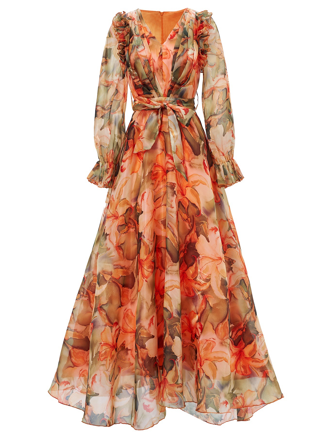Terracotta Floral Chiffon Maxi Dress | Ruffle Shoulder V-Neck Gown with Tie-Waist Belt | Elegant Fall Wedding Guest & Resort Wear qc23