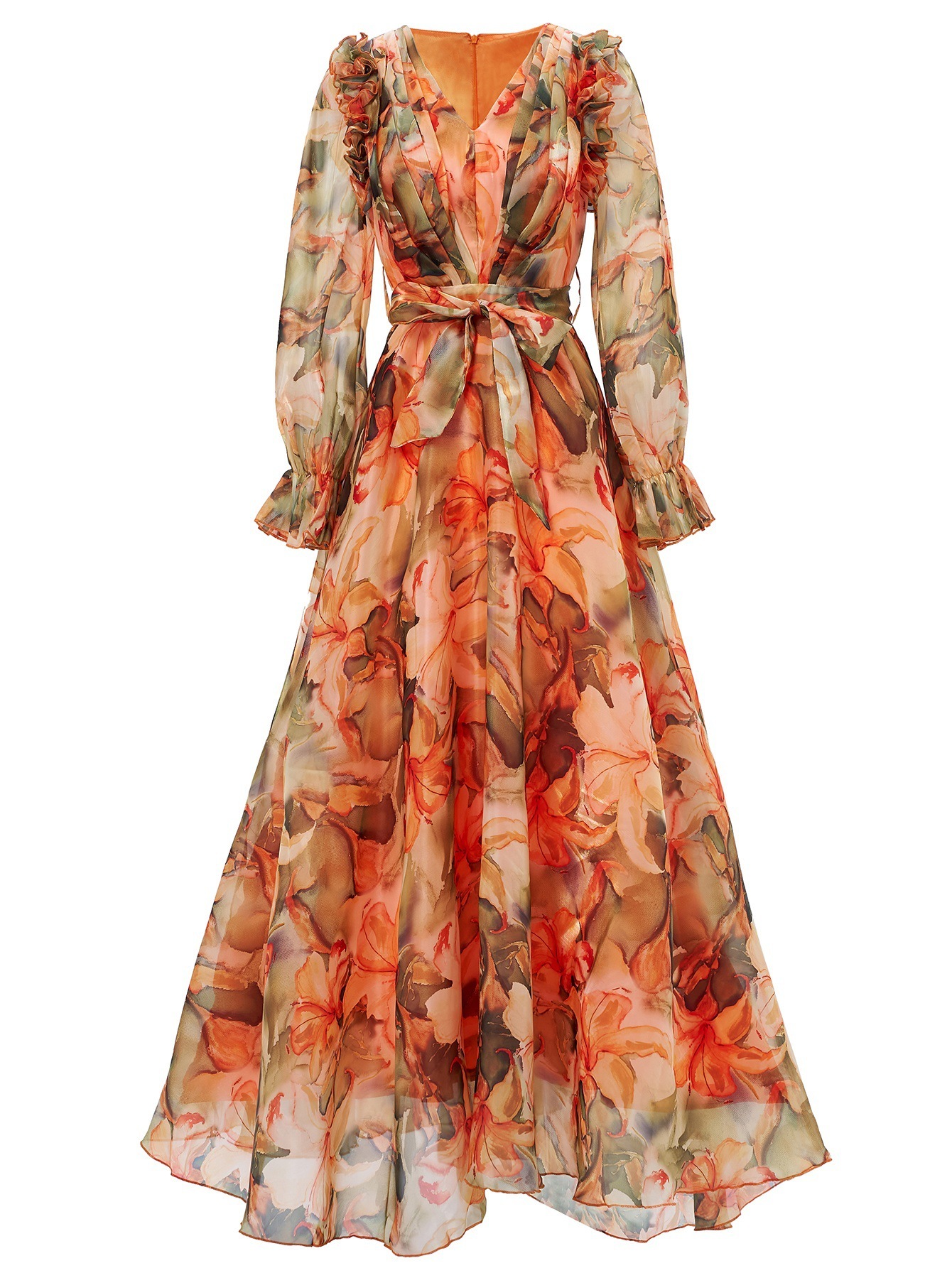 Terracotta Floral Chiffon Maxi Dress | Ruffle Shoulder V-Neck Gown with Tie-Waist Belt | Elegant Fall Wedding Guest & Resort Wear qc23