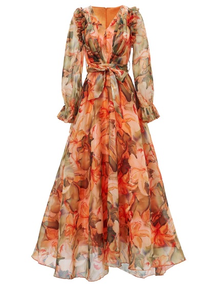 Terracotta Floral Chiffon Maxi Dress | Ruffle Shoulder V-Neck Gown with Tie-Waist Belt | Elegant Fall Wedding Guest & Resort Wear qc23