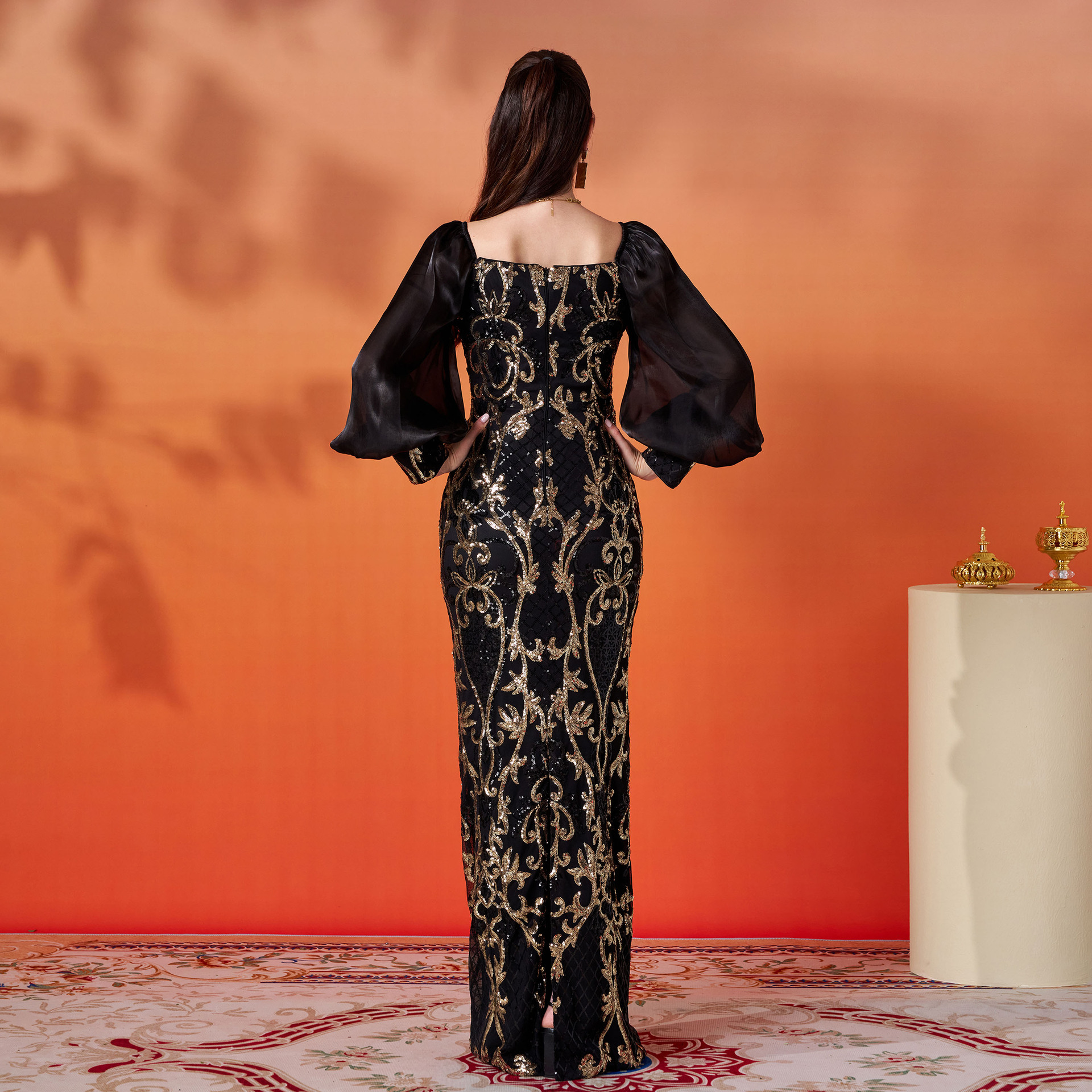 Luxury Black & Gold Sequin Mermaid Gown with Romantic Bishop Sleeves gm00759