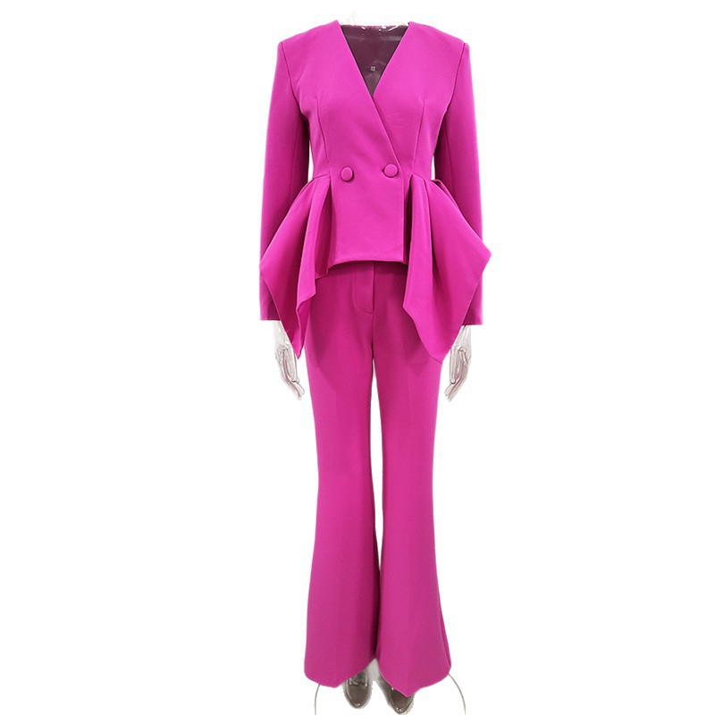 Elegant Fuchsia Peplum Blazer & Flare Pants Set - High-Fashion Double Breasted Ruffle Waist Suit for Women - Formal Evening & Runway Two-Piece Outfit 3012