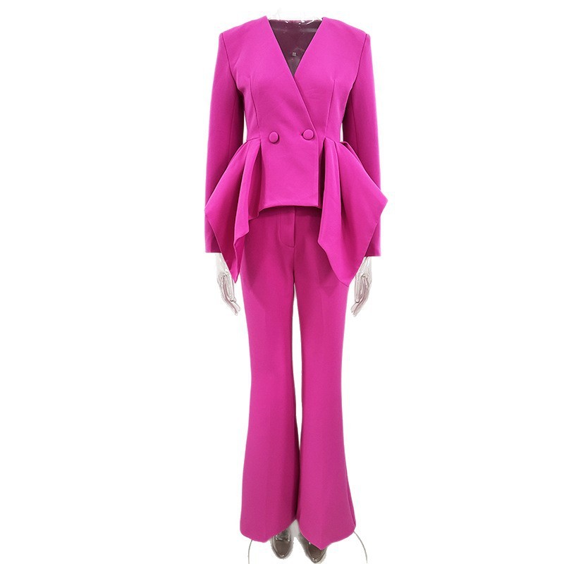 Elegant Fuchsia Peplum Blazer & Flare Pants Set - High-Fashion Double Breasted Ruffle Waist Suit for Women - Formal Evening & Runway Two-Piece Outfit 3012
