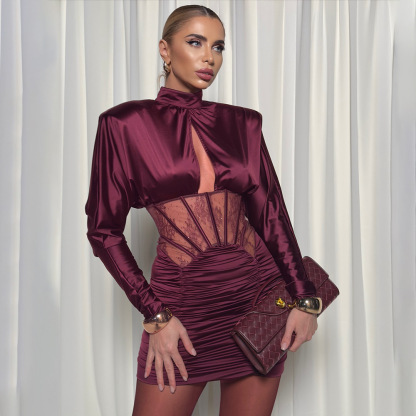 Sexy Burgundy Satin Corset Mini Dress - High Neck Long Sleeve Party Bodycon Z0029