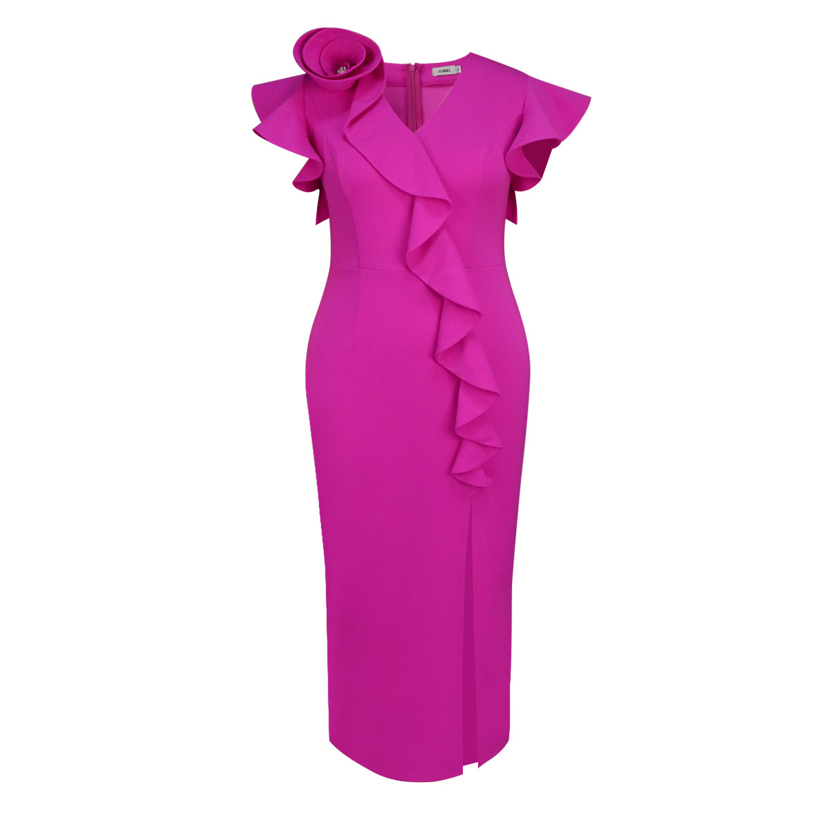 Plus-Sizes Ruffled V-Neck Bodycon Midi Dress with Slit AM041222	-UGENA FASHION