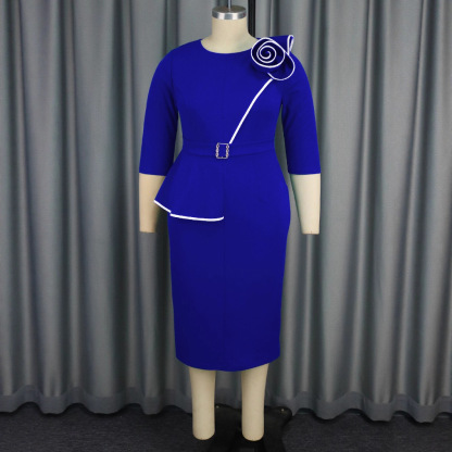 Plus-Sizes  Chic Peplum Pencil Dress with 3D Flower Detail AM041226	-UGENA FASHION
