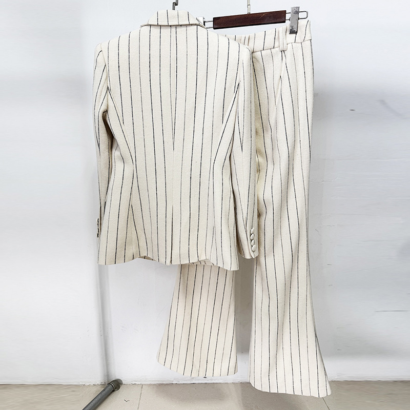 Elegant Pinstripe Women's Suit Set - Slim Fit Cream Blazer & High-Waisted Flare Trousers - Chic 2-Piece Office Wear & Professional Formal Suit for Women 3090
