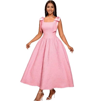 Plus-Sizes Chic Pink Jacquard Midi Dress with Shoulder Bows AM050553	-UGENA FASHION
