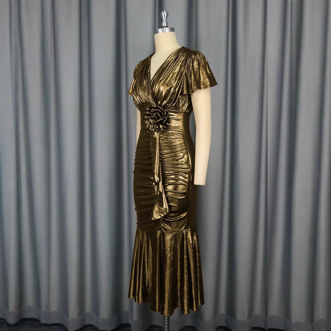 Plus-Sizes Glamorous Metallic Gold Ruched Mermaid Dress - V-Neck Bodycon Midi Gown with Floral Detail AM050339	-UGENA FASHION