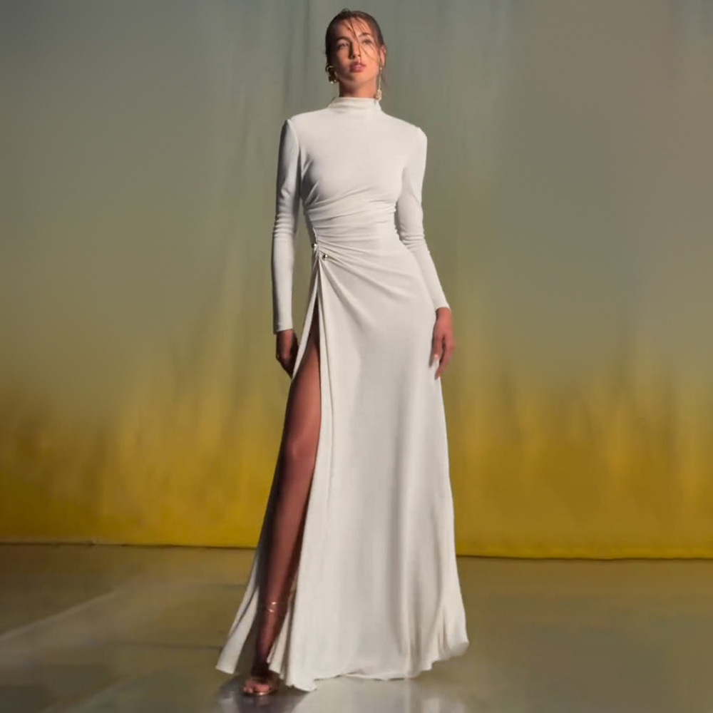 Elegant White Mock Neck Long Sleeve High Slit Gown - Bodycon Ruched Maxi Dress for Evening, Cocktail & Wedding Guest BD2666