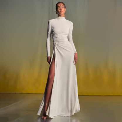 Elegant White Mock Neck Long Sleeve High Slit Gown - Bodycon Ruched Maxi Dress for Evening, Cocktail & Wedding Guest BD2666