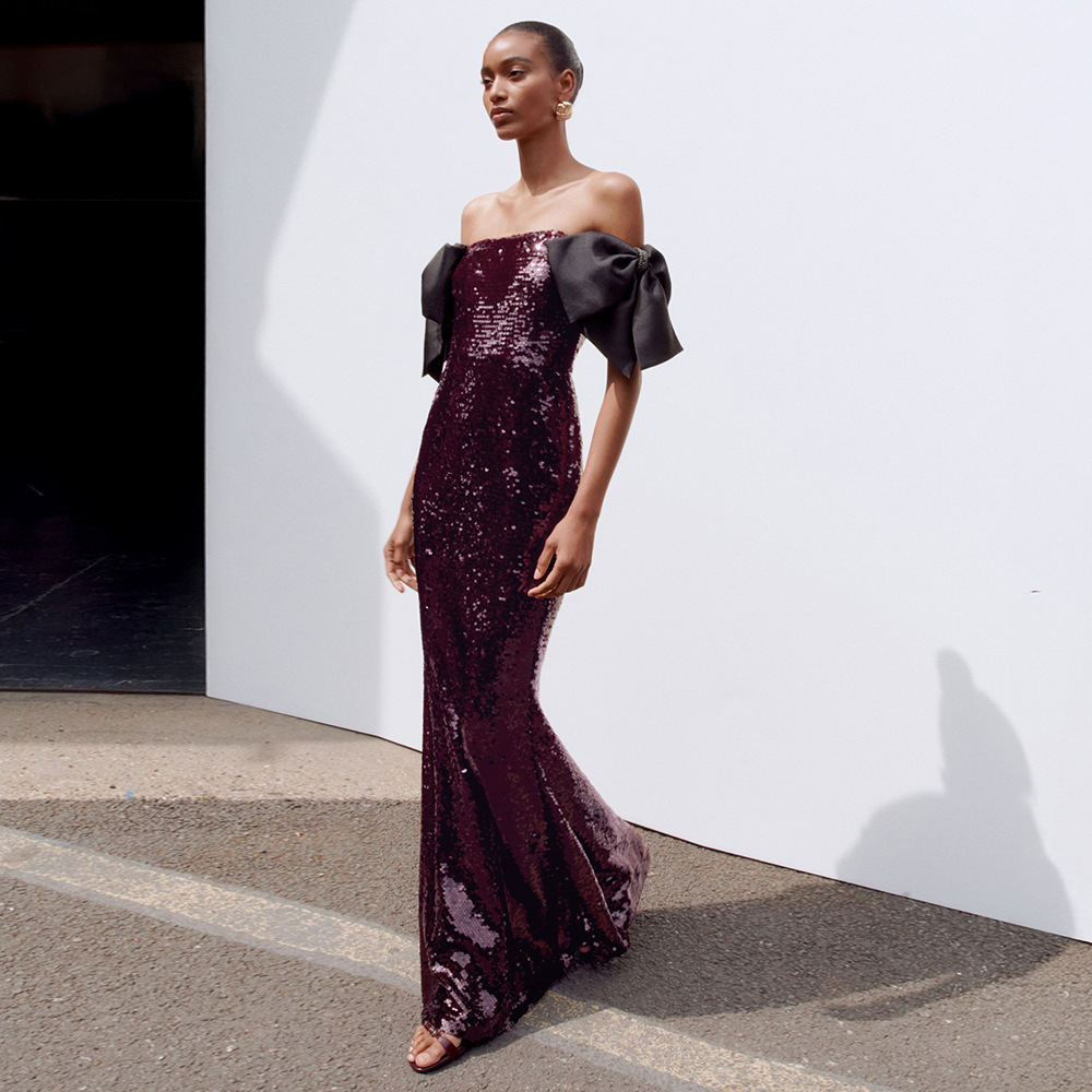 Elegant Wine Red Sequin Off-the-Shoulder Evening Gown - Formal Maxi Dress with Oversized Black Bow Sleeves for Gala & Prom Z0044