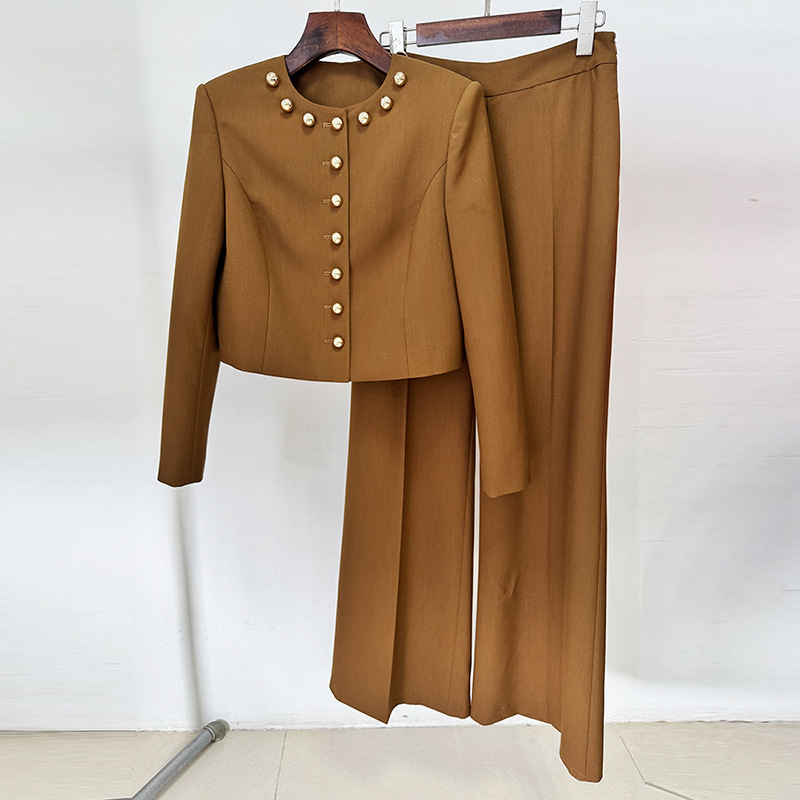 Chic Brown Cropped Blazer & Wide Leg Trousers Set - Gold Button 3082