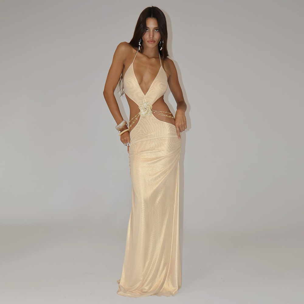 Champagne Gold Halter Cutout Maxi Dress - Deep V Backless Ruched Gown for Beach Wedding & Resort Party Z0015