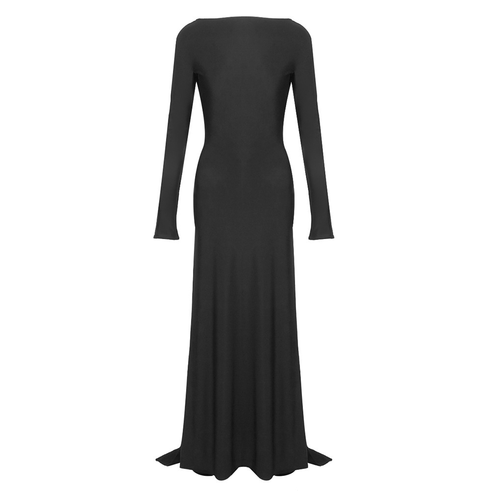 Black Open Back Long Sleeve Maxi Gown - Elegant Drape Train Formal Evening Dress BD2269