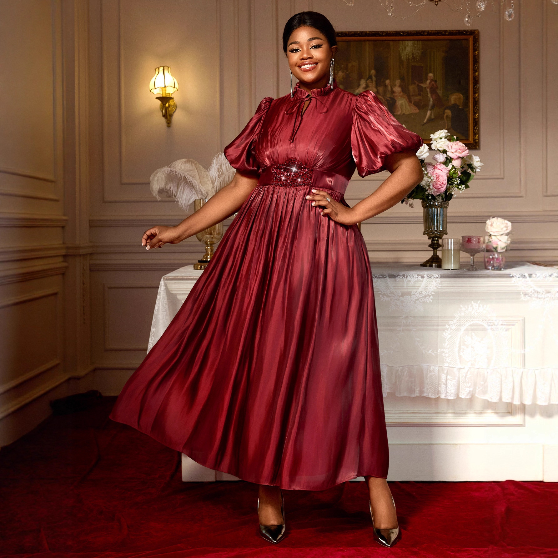 Plus-Sizes Elegant Satin Gown with Puff Sleeves - Sequin Waist Detail AM050429	-UGENA FASHION