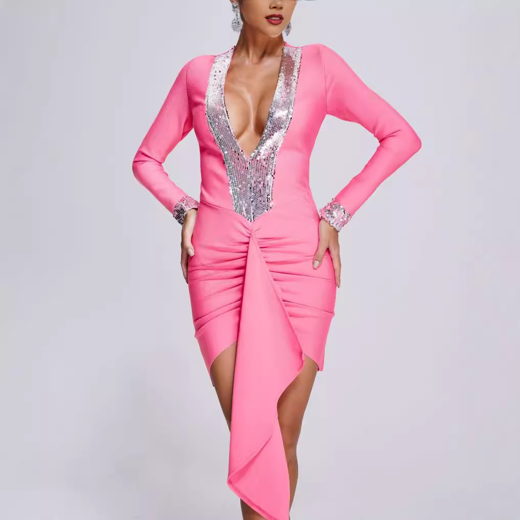 Hot Pink Sequin Plunge V-Neck Bodycon Dress – Long Sleeve Ruched Party Mini BA354