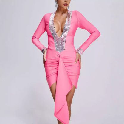 Hot Pink Sequin Plunge V-Neck Bodycon Dress – Long Sleeve Ruched Party Mini BA354