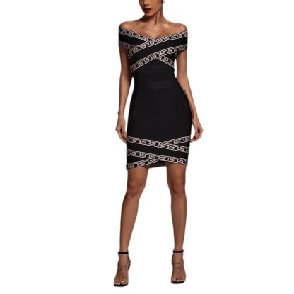 Iconic Greek Key Bandage Bodycon Mini Dress – Off-Shoulder Cross-Front Design BA350