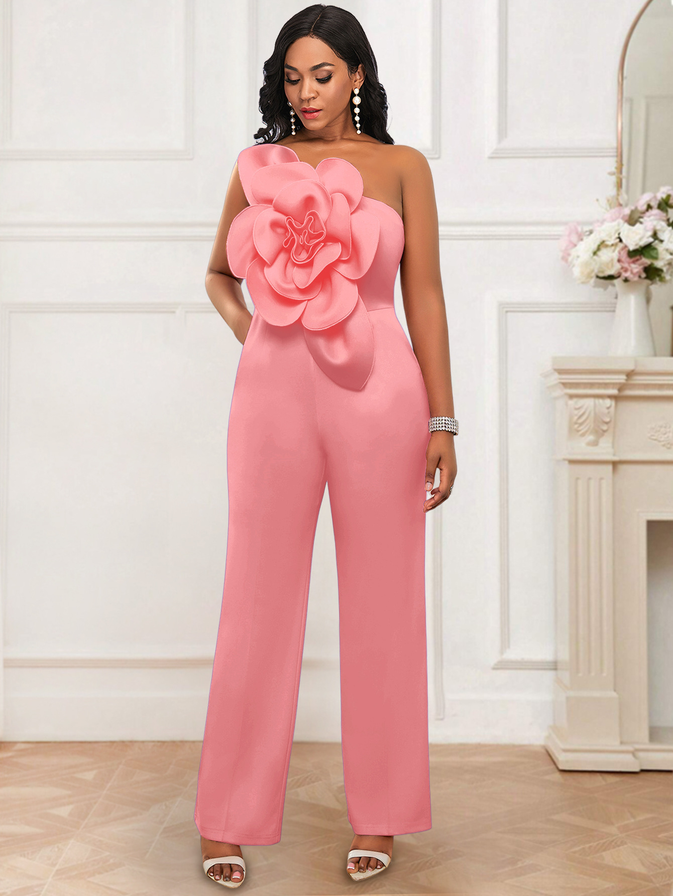 Plus-Sizes  Elegant Formal Jumpsuit with 3D Flower Detail AM030218	-UGENA FASHION